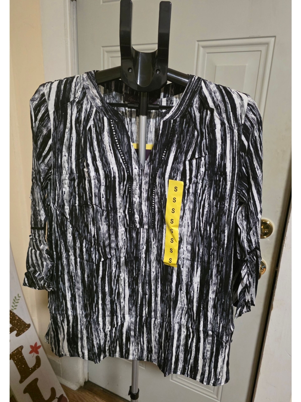 Women’s Black & White Striped Split-Neck Blouse NWT